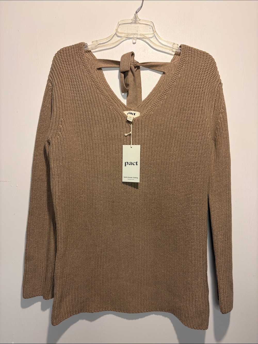 Pact NWT Fisherman Knit Tie Back Sweater 100% Organic Cotton Cream Tan SZ S